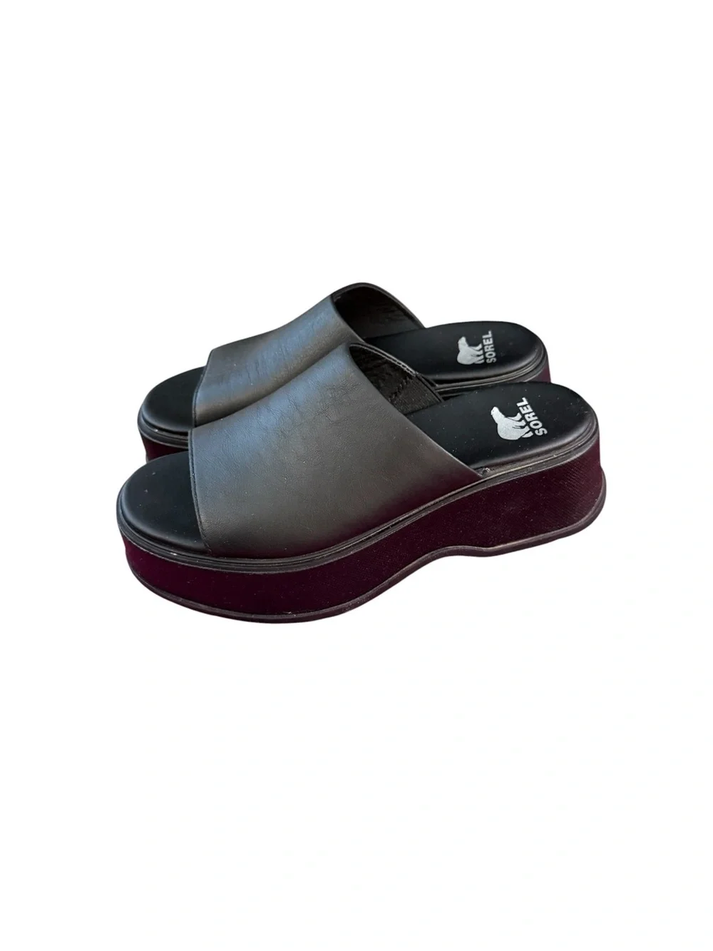 SOREL Dayspring Wedge Platform Vegan Faux Leather Open Slides Black Sandals